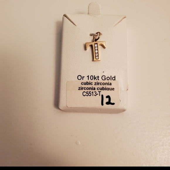 NEW 10K YG "INITIAL T" CUBIC ZIRCONIA PENDANT - Picture 2 of 2